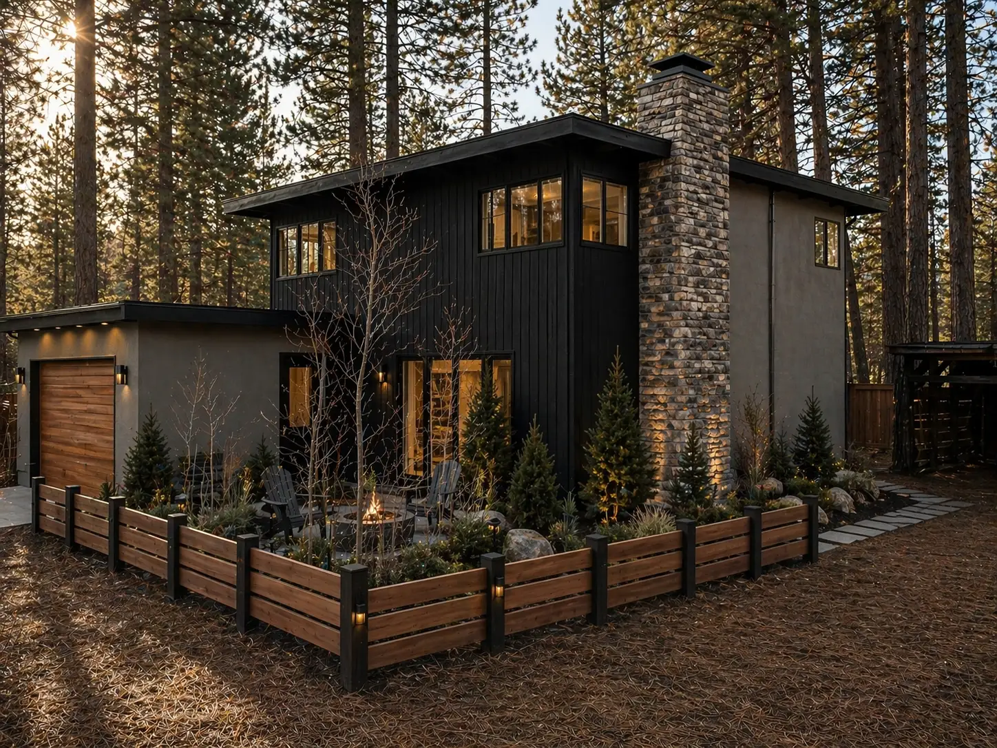 Heavenly Pines, a modern mountain home among tall pines at dusk